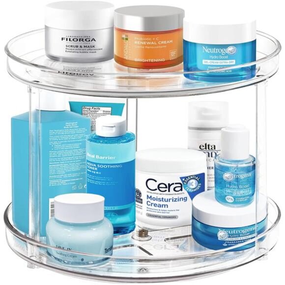 2 Tier Lazy Susan Bathroom Organizer, Clear 360 Rotating Makeup Organizer - Picture 1 of 7